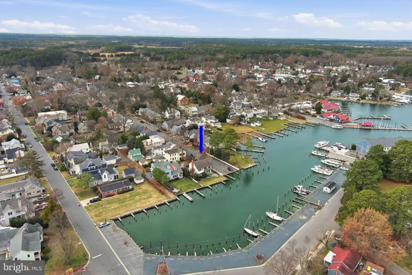 an aerial view of residential houses with outdoor space and river