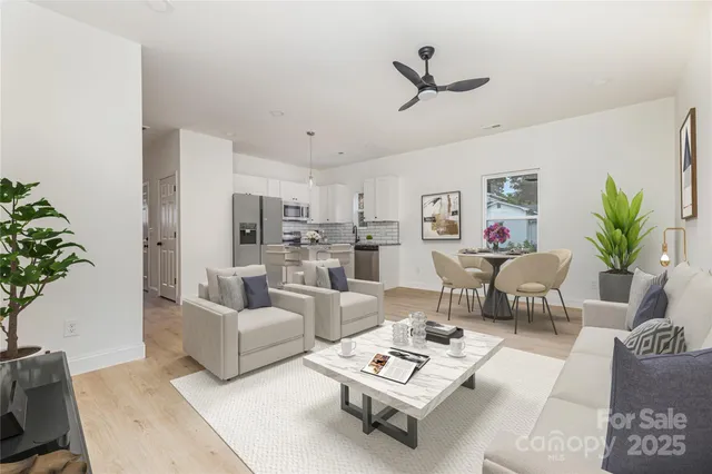 a living room with furniture a chandelier and a potted plant