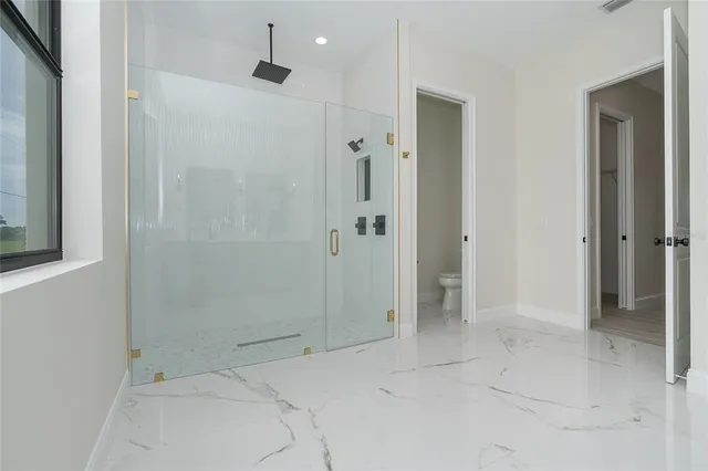 a bathroom with a shower and toilet