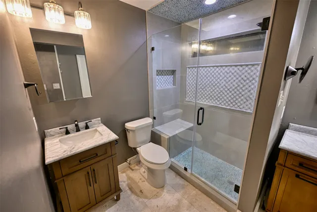 a bathroom with a sink a toilet and mirror