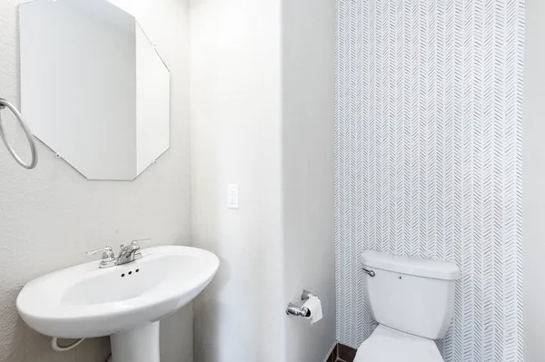 a bathroom with a sink a toilet and a mirror