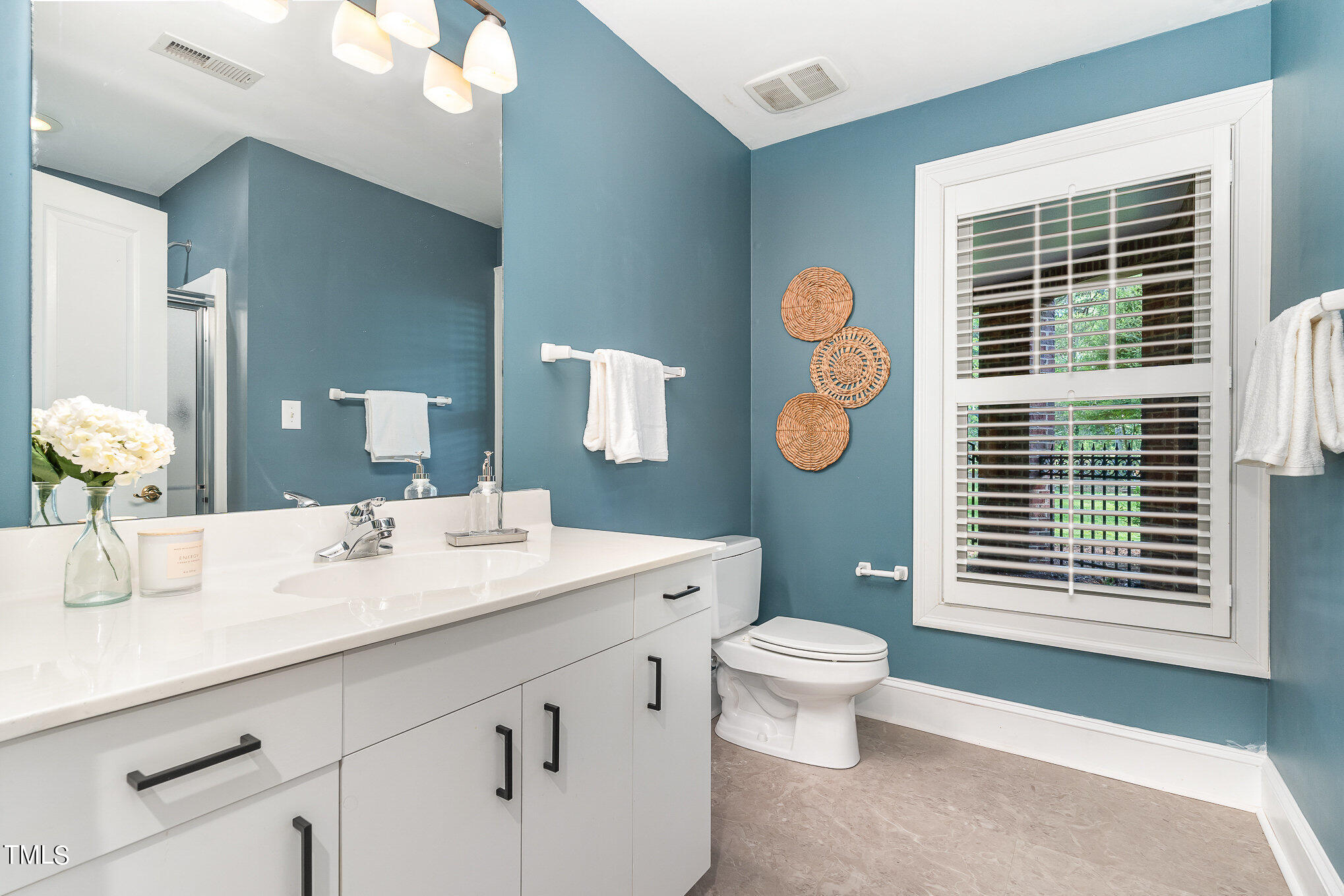 3737 Hope Valley Road Durham, NC 27707 - Photo 38 of 58 a bathroom with a sink a toilet a mirror and a window