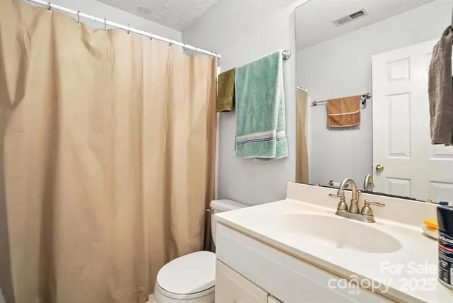 a bathroom with a sink a toilet and shower curtain