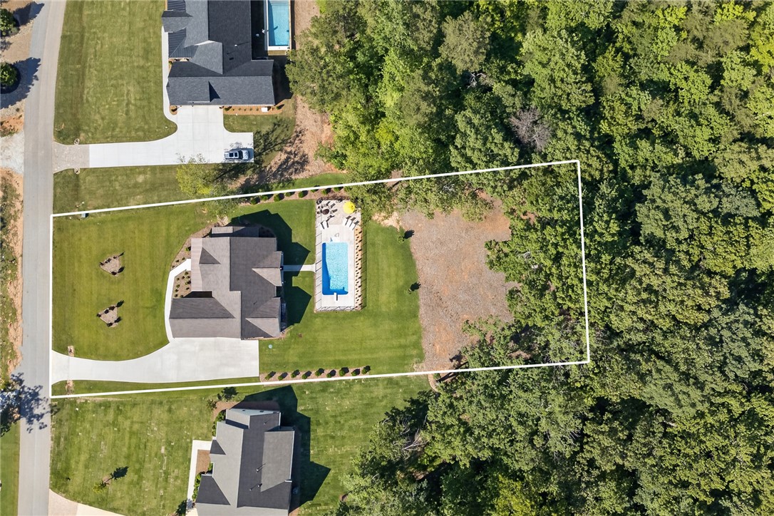 921 Falling Waters Lane Seneca, SC 29672 - Photo 41 of 46 An aerial perspective reveals a private pool with surrounding patio, nestled beside lush greenery.