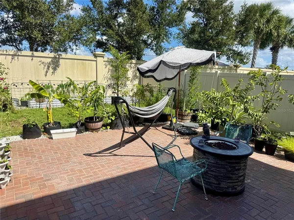 a view of a chair and table in backyard with plants