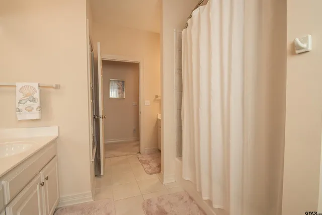 a bathroom with a sink a mirror and a shower