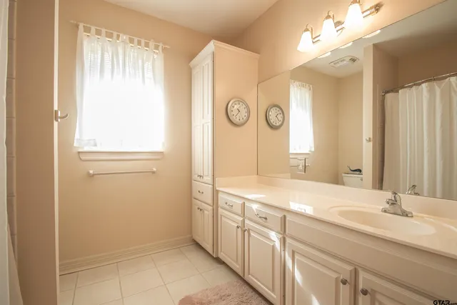 a bathroom with a sink a mirror and a shower