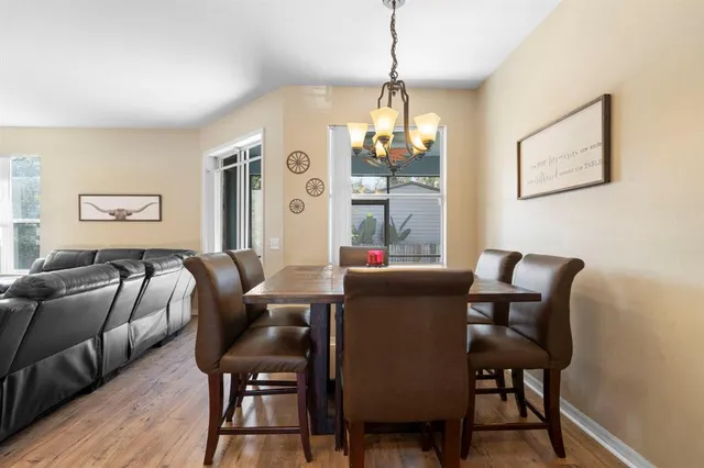 a view of a dining room with furniture wooden floor and chandelier