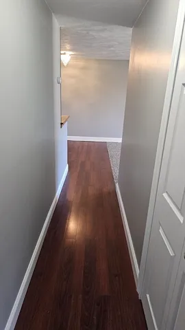 a view of a hallway with wooden floor