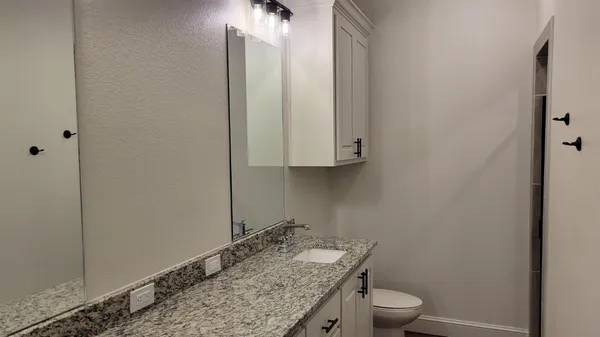 a bathroom with a granite countertop sink and a toilet