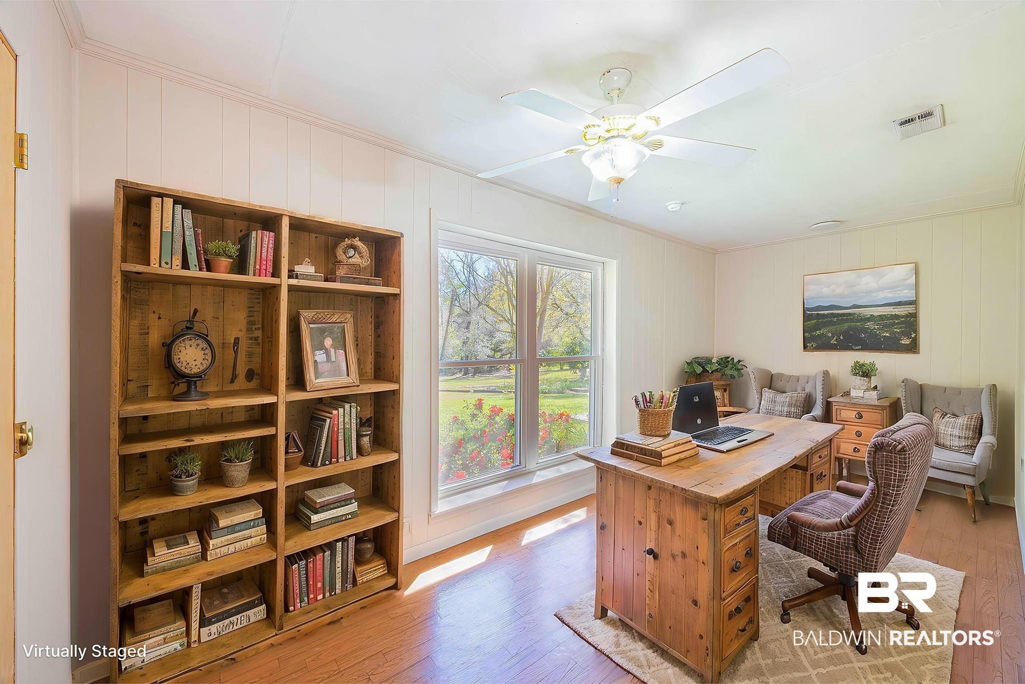 43101 Brown Road Bay Minette, AL 36507 - Photo 78 of 81 Home office with light wood finished floors, a ceiling fan, ornamental molding, and wood walls