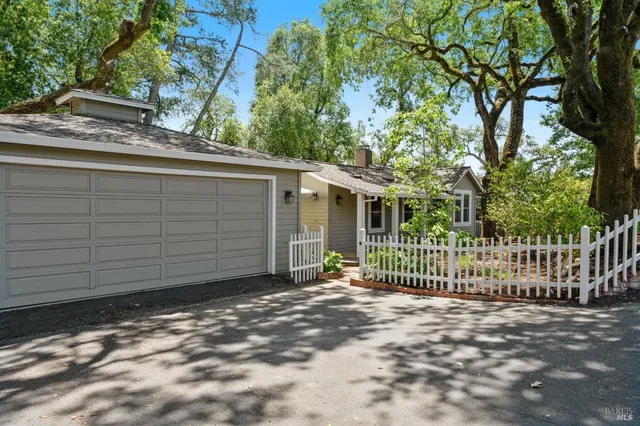 a view of a house with a small yard and a large tree