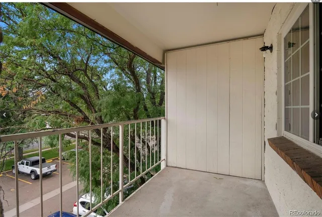 a view of a park with large trees