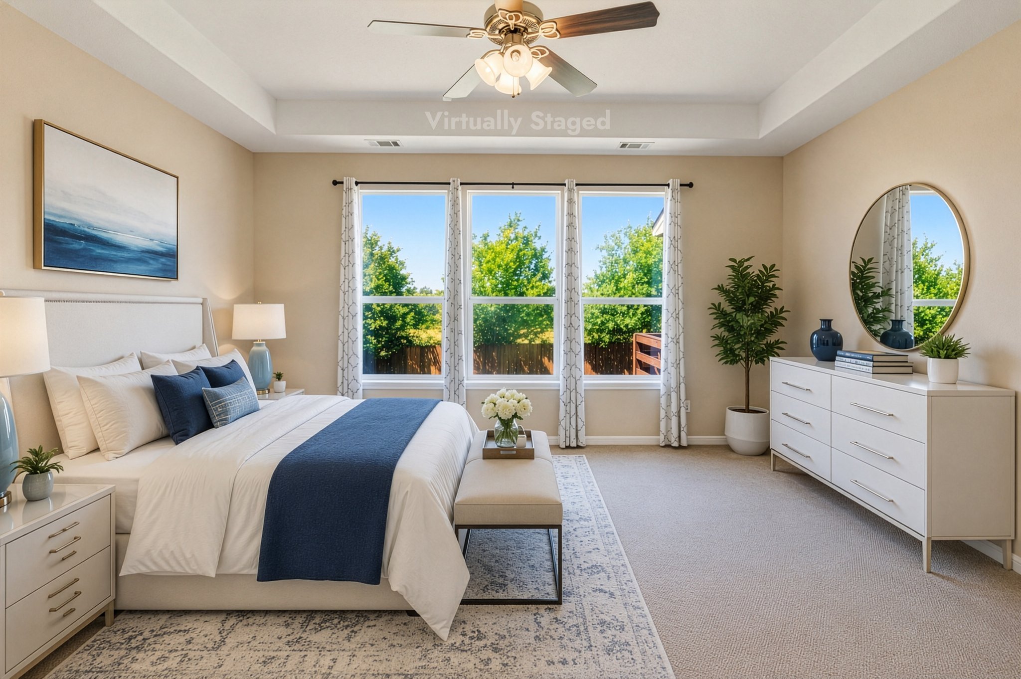 1511 Rimstone Drive Cedar Park, TX 78613 - Photo 19 of 39 AI Staging furnished master suite. Well-lit sleeping quarters with a ceiling fan, a tray ceiling, and a bright outdoor view.