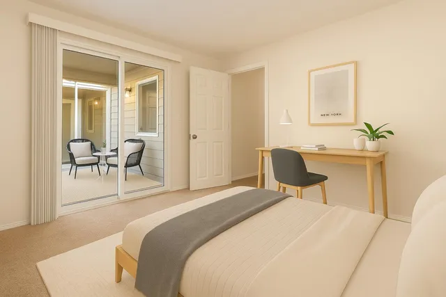 a bedroom with a bed and table chair