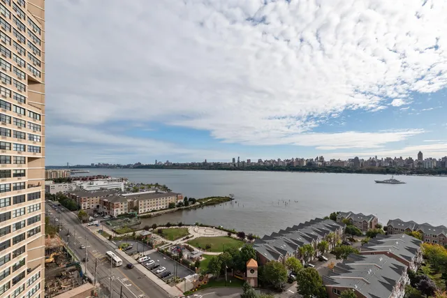 a view of a lake with a city