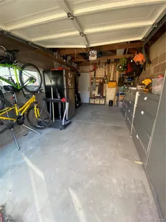 a view of a garage with storage
