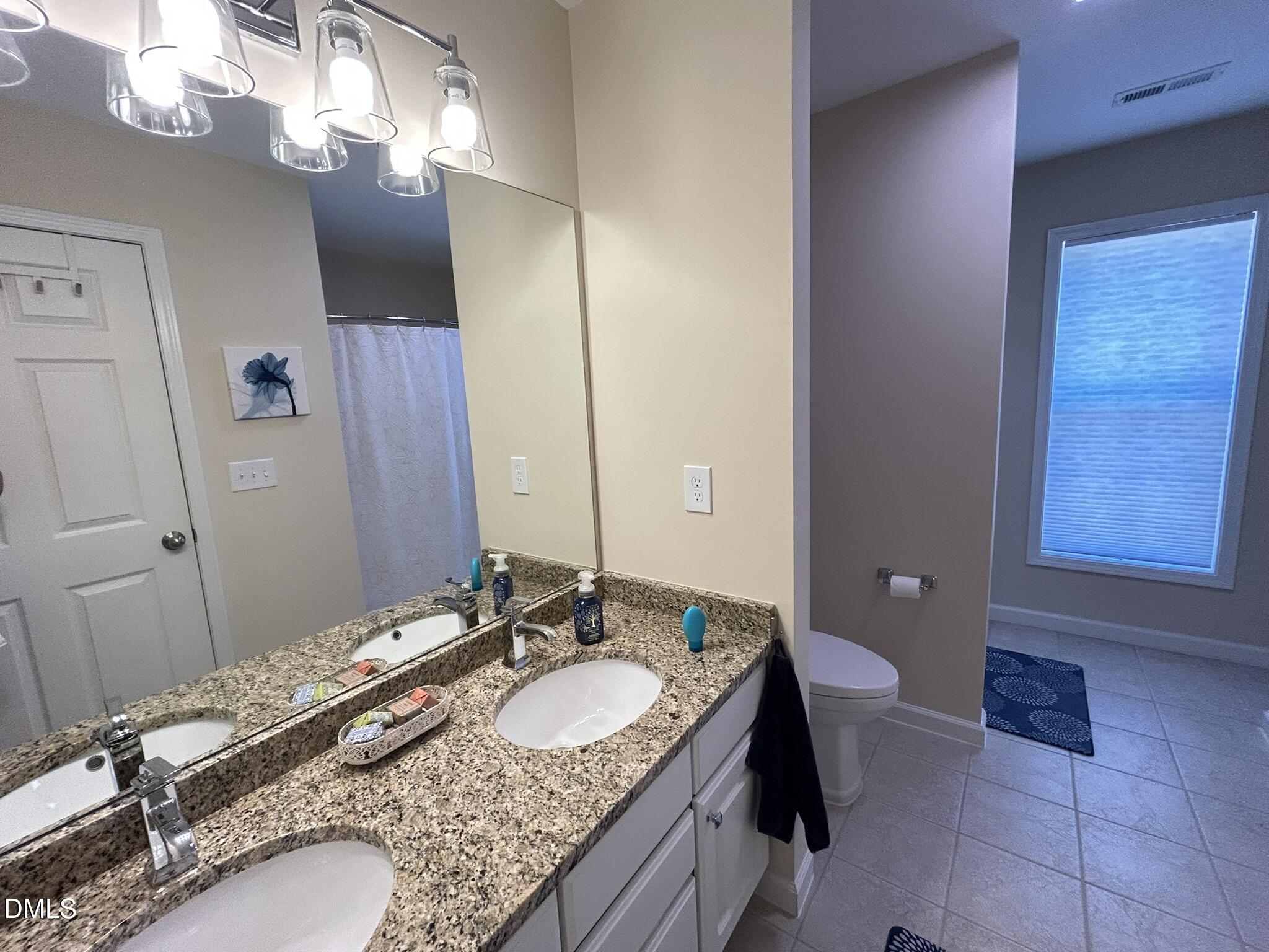 2510 Friedland Place, Unit 102 Raleigh, NC 27617 - Photo 33 of 42 a bathroom with a granite countertop sink a toilet and a mirror