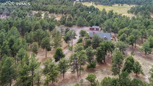 an aerial view of residential house with outdoor space and trees all around