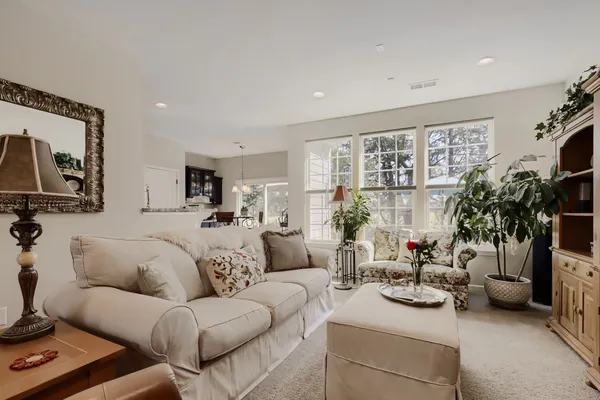 a living room with furniture and a potted plant