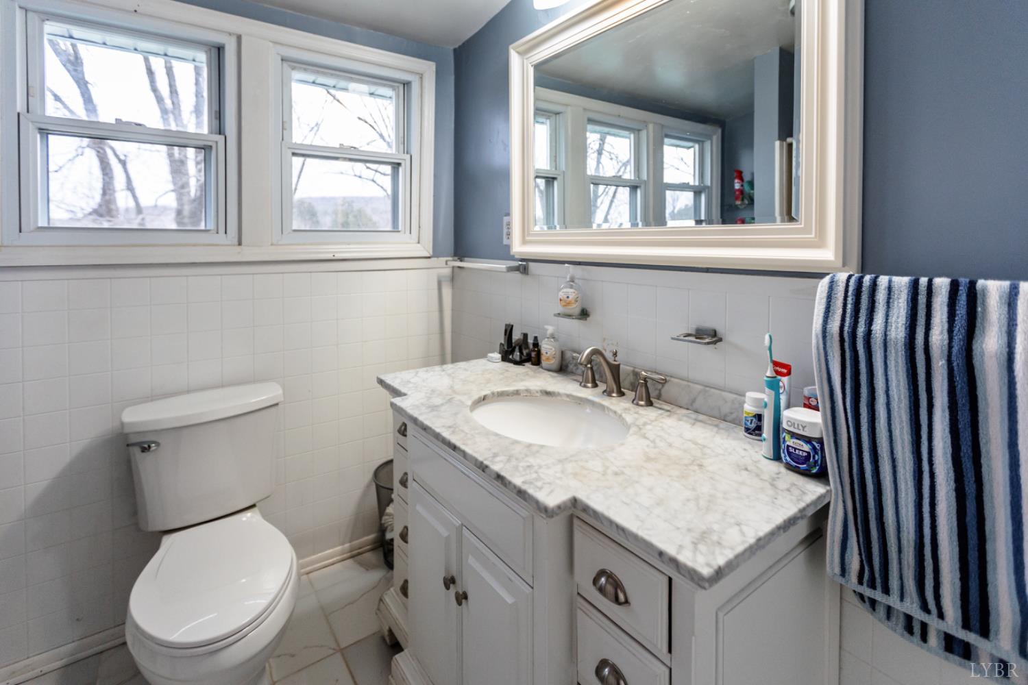 801 Purdum Mill Road Appomattox, VA 24522 - Photo 45 of 68 a bathroom with a granite countertop toilet sink and mirror