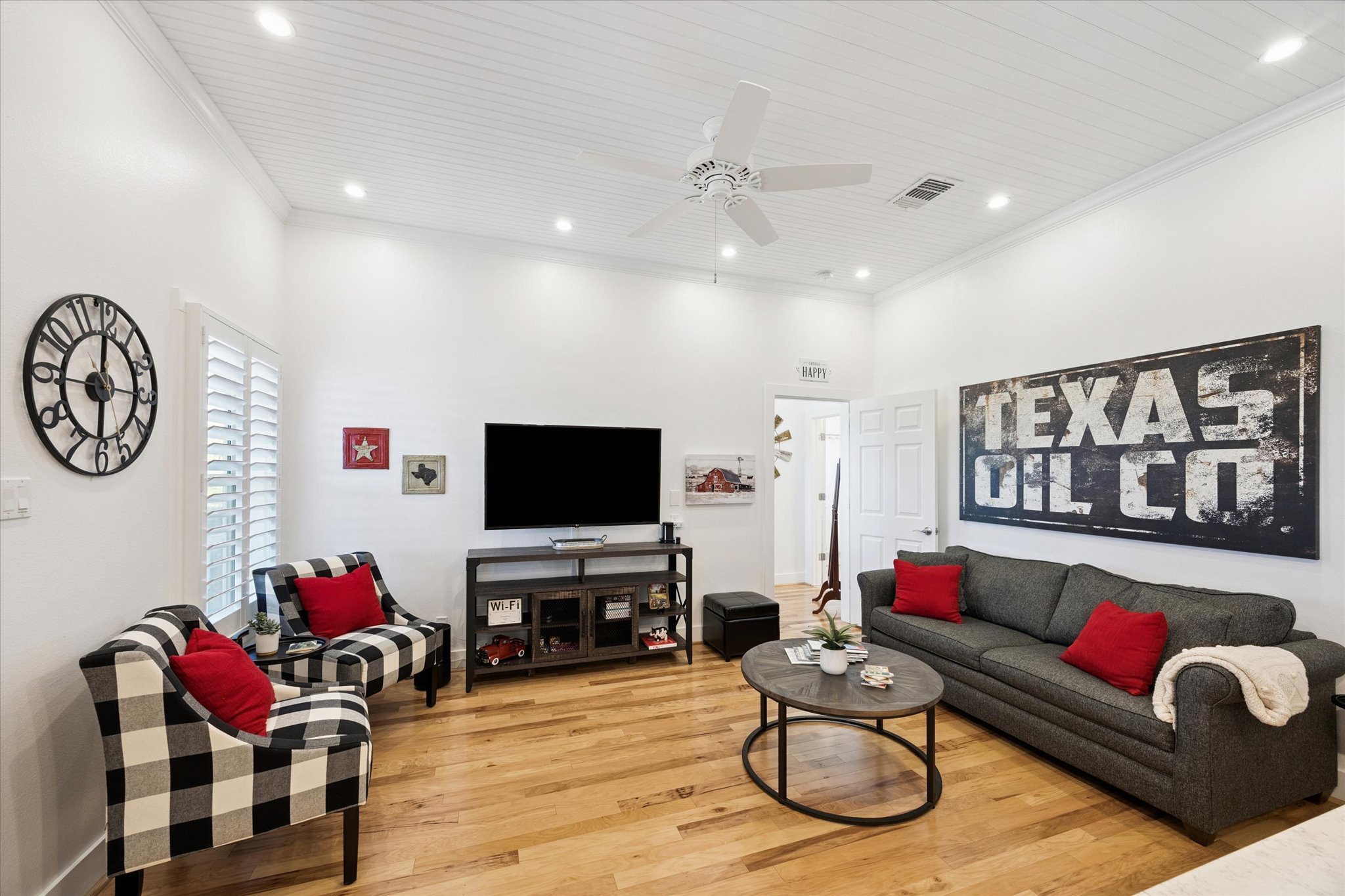 5100 Jaeger Road Burton, TX 77835 - Photo 12 of 34 Living room featuring crown molding, light wood-style flooring, ceiling fan, recessed lighting, and wood ceiling