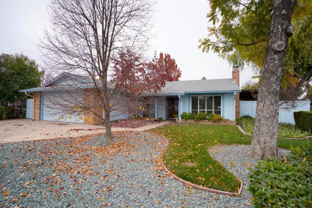 a front view of a house with yard and green space