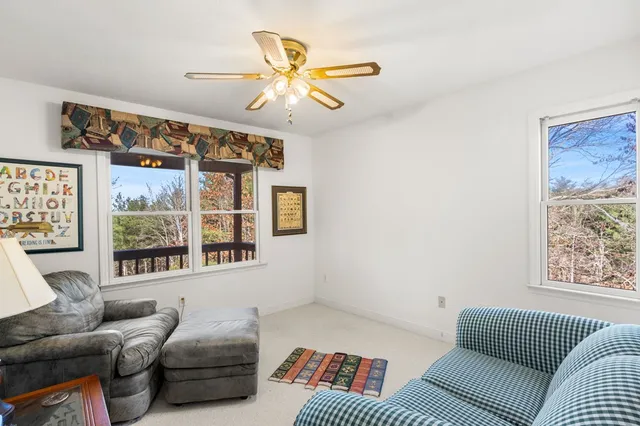a living room with furniture and a ceiling fan