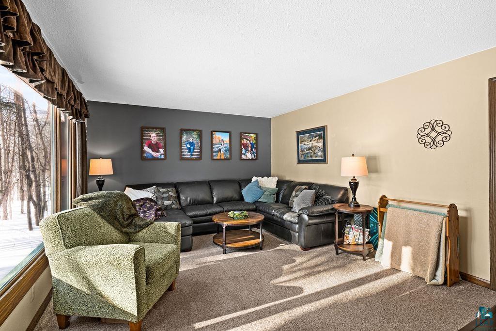 421 St Louis River Road Proctor, MN 55810 - Photo 16 of 57 Living room featuring carpet flooring and a textured ceiling