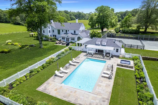 an aerial view of a house with a garden