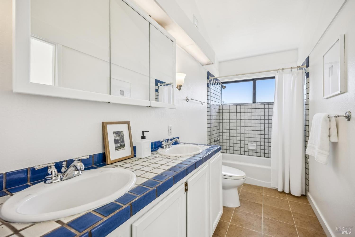 17523 Highway 1 Marshall, CA 94940 - Photo 29 of 72 a bathroom with a granite countertop sink a toilet a mirror and shower