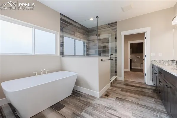 a bathroom with a bathtub and shower
