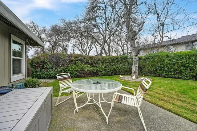 a view of a chair and table on the garden