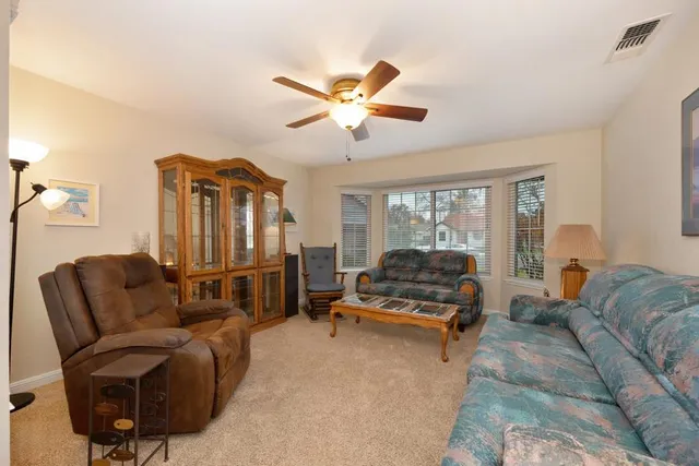 a living room with furniture ceiling fan and a rug
