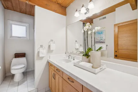 a bathroom with a sink a toilet and a mirror