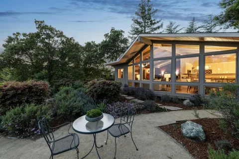 a view of a backyard with plants and a patio