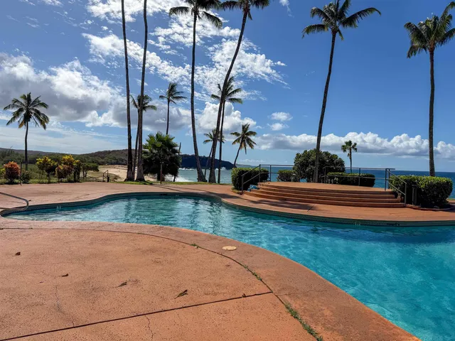 a view of a swimming pool with a yard