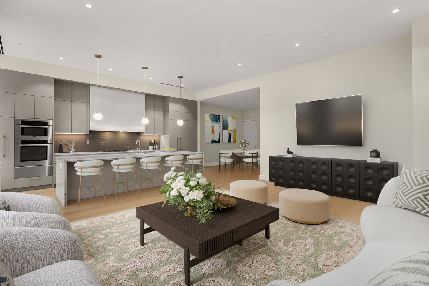 435 West 19th Street, Unit 1A Manhattan, NY 10011 - Photo 3 of 7 a living room with furniture and a flat screen tv