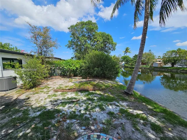 a view of a yard with plants and a bench