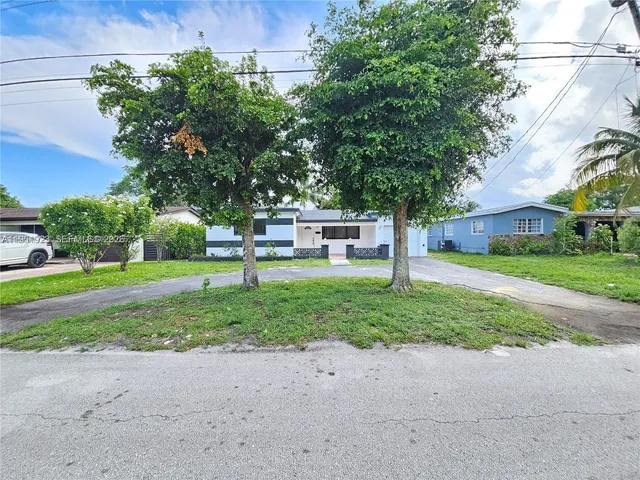 a view of a park with large trees and plants