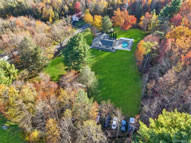 a view of a garden with a house in a forest