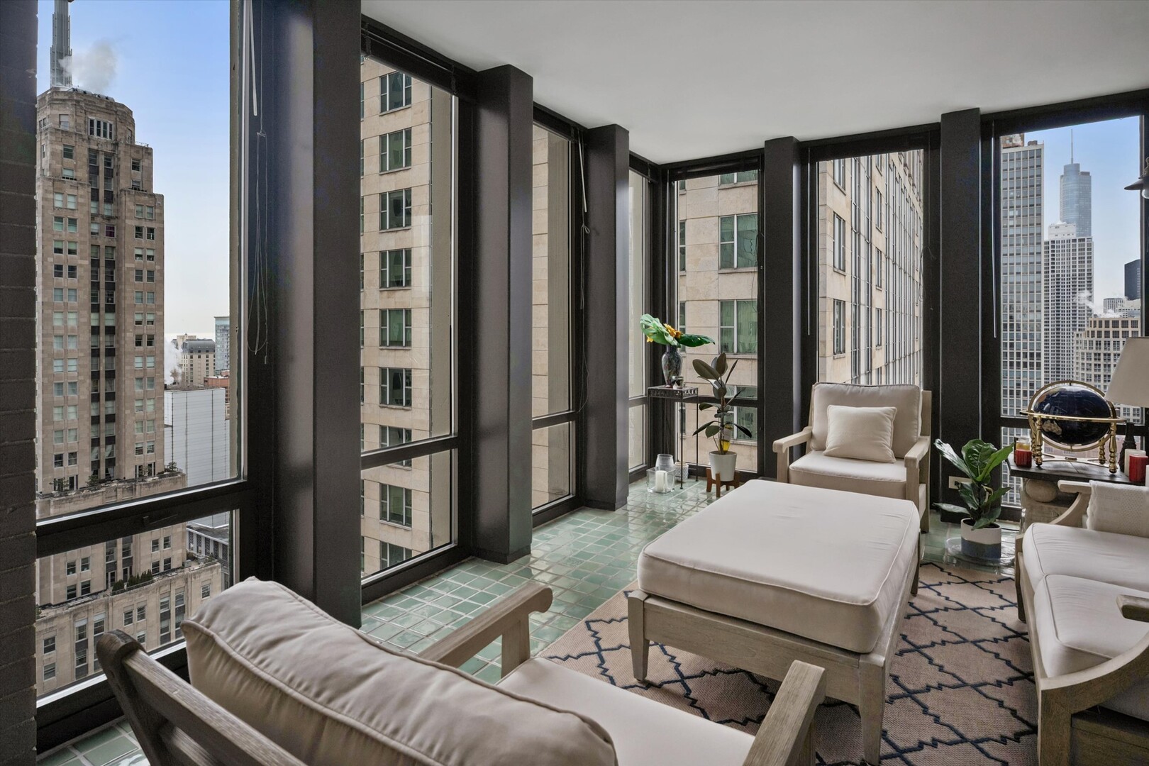 100 East Walton Street, Unit 41DE Chicago, IL 60611 - Photo 12 of 35 a living room with furniture fireplace and large windows