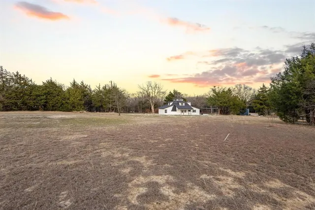 a view of dirt field with large trees