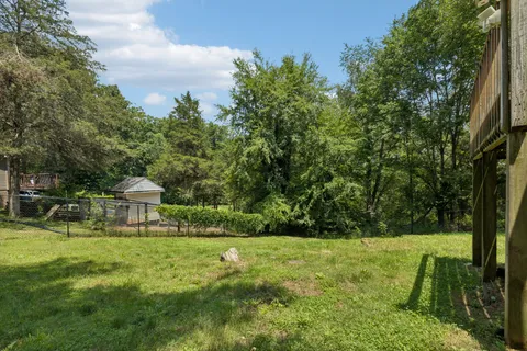 a view of a field with trees in the background