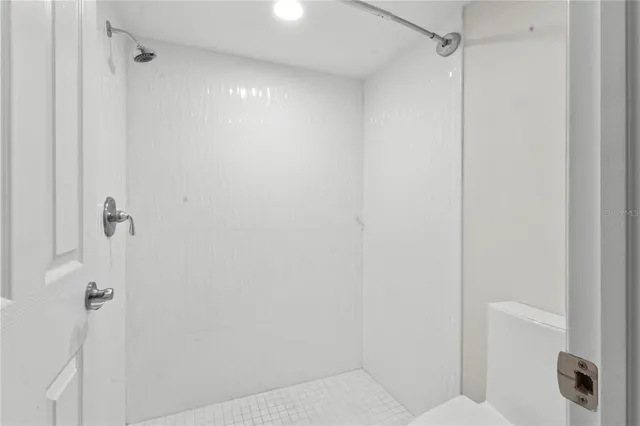 a bathroom with a shower and toilet