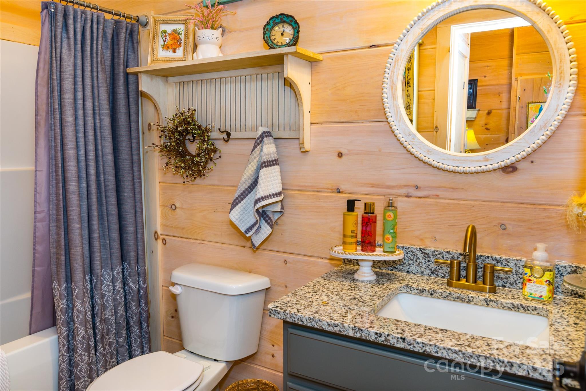720 Cedar Creek Farm Road Tuckasegee, NC 28783 - Photo 17 of 19 a bathroom with a granite countertop sink and a mirror