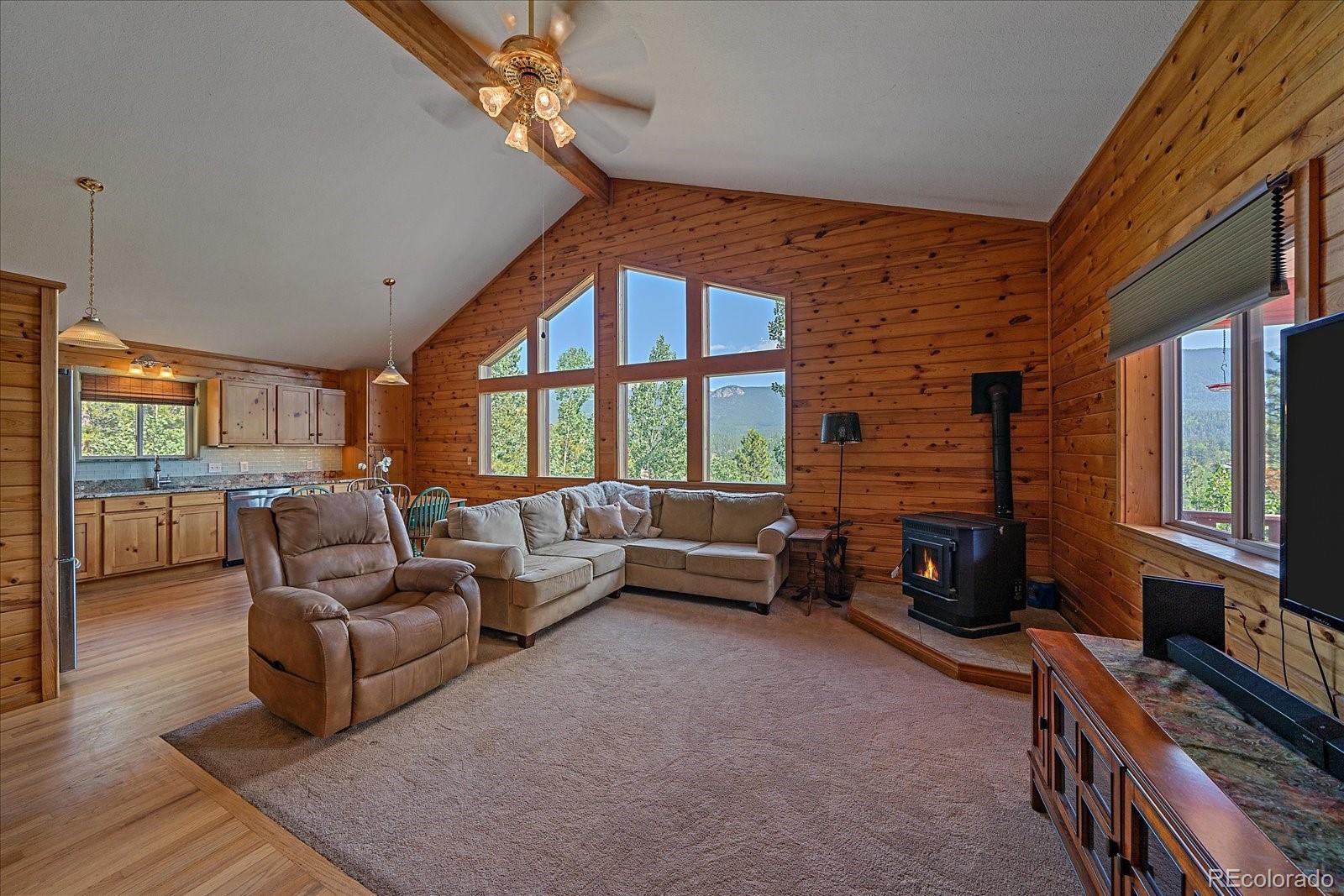 153 Wise Road Bailey, CO 80421 - Photo 6 of 38 a living room with furniture a fireplace and a flat screen tv
