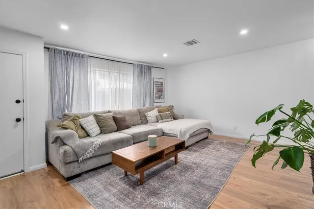 a living room with furniture and a potted plant