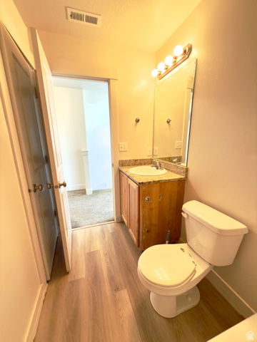 1823 South Longview Road Santaquin, UT 84655 - Photo 37 of 69 Bathroom featuring wood-finish flooring, a vanity with a light-toned countertop, a rectangular mirror, and a four-bulb light fixture