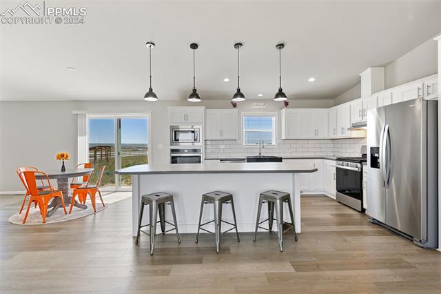 5929 North Log Road Calhan, CO 80808 - Photo 10 of 41 Kitchen with tile backsplash, appliances with stainless steel appliances, a wealth of natural light, and a large kitchen island